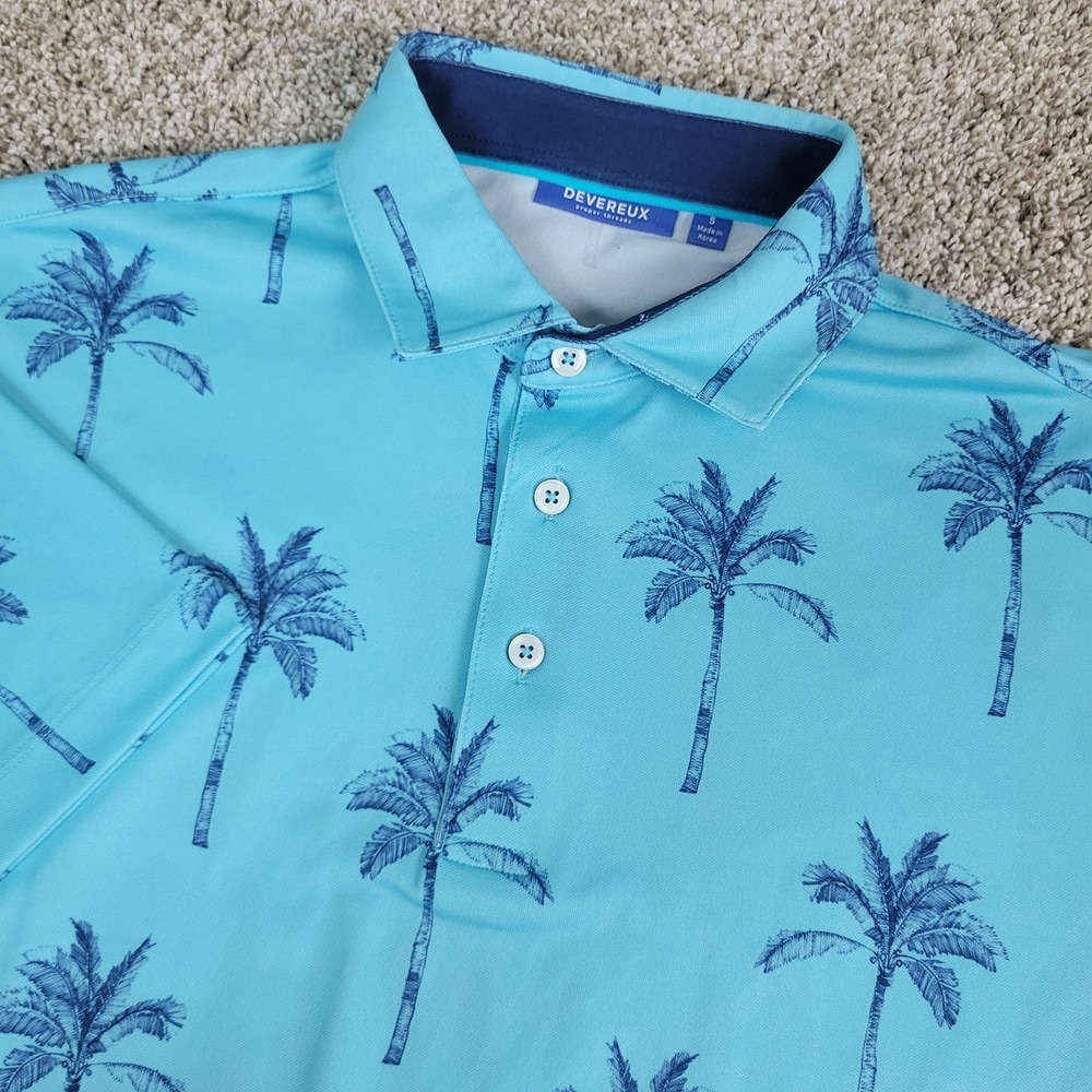 Devereux Mens Small Blue AOP Floral‎ Palm Tree Performance Stretch Golf Polo SS